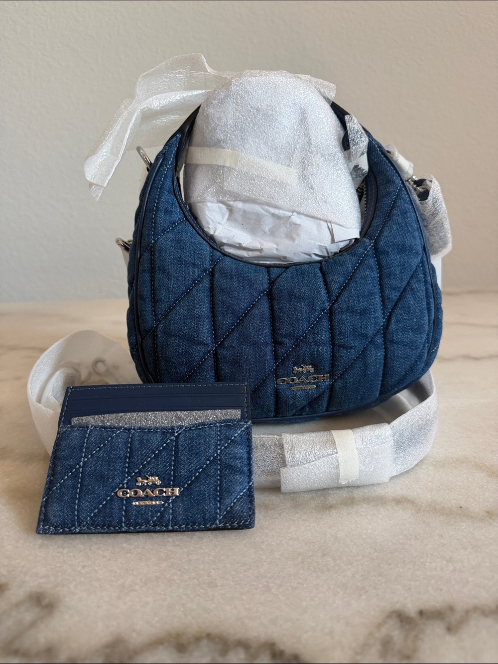 NWT Coach Quilted Denim Carmen Mini Crossbody Bag & Matching Card Case Set